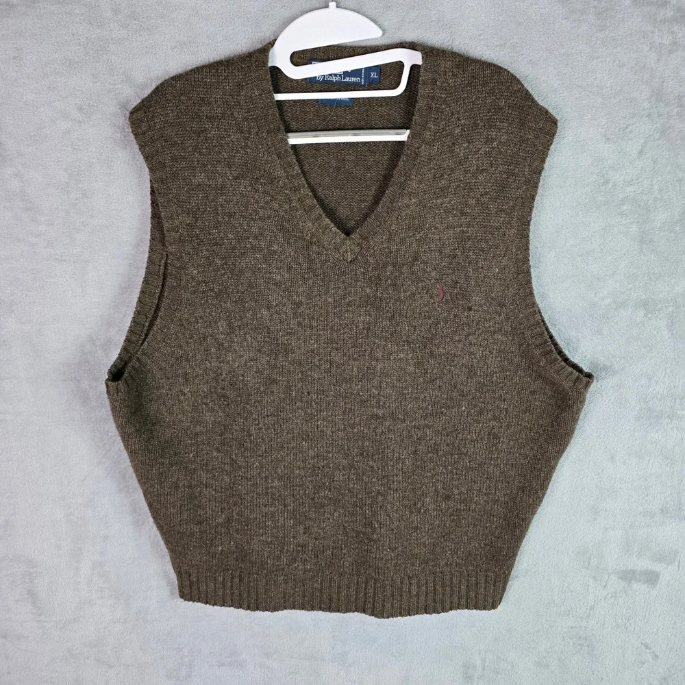 Polo Ralph Lauren Mens XL Lambswool V-Neck Sweater Vest Olive Brown Heather Pony